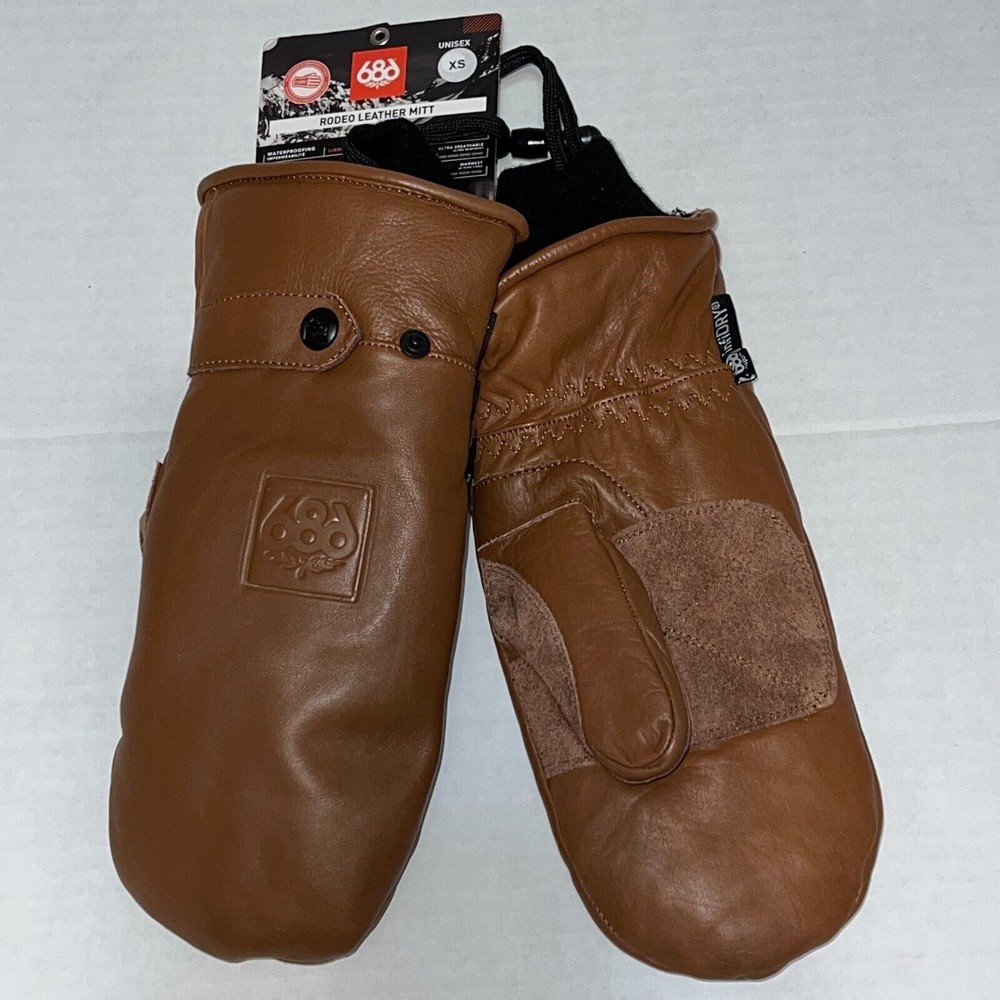 686 Rodeo Leather Mitts Snowboarding Ski Gloves Mittens Brown Unisex Size XS NWT